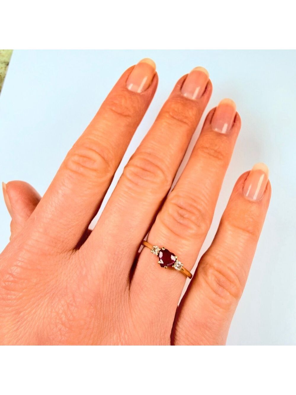 14K Solid Yellow Gold Red Genuine Ruby Heart & Diamond Vintage Ring - Picture 9 of 10